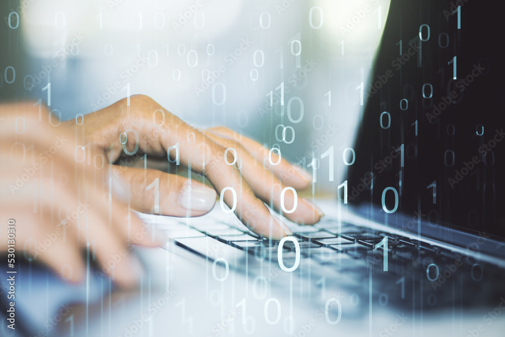 Aufkleber Creative concept of binary code illustration and hands typing on laptop on background. Big data and coding concept. Multiexposure