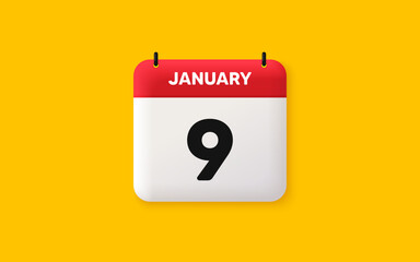 Calendar date 3d icon. 9th day of the month icon. Event schedule date. Meeting appointment time. Agenda plan, January month schedule 3d calendar and Time planner. 9th day day reminder. Vector