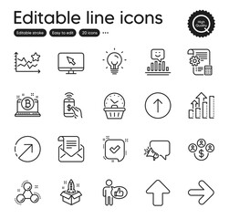 Set of Technology outline icons. Contains icons as Startup, Confirmed and Internet elements. Megaphone, Ranking stars, Next web signs. Smile, Energy, Bitcoin elements. Upload. Vector