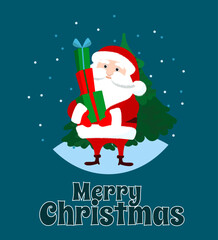 Santa Claus with gifts on the background of Christmas trees and text Merry Christmas. Christmas scene for postcard in cartoon flat style.