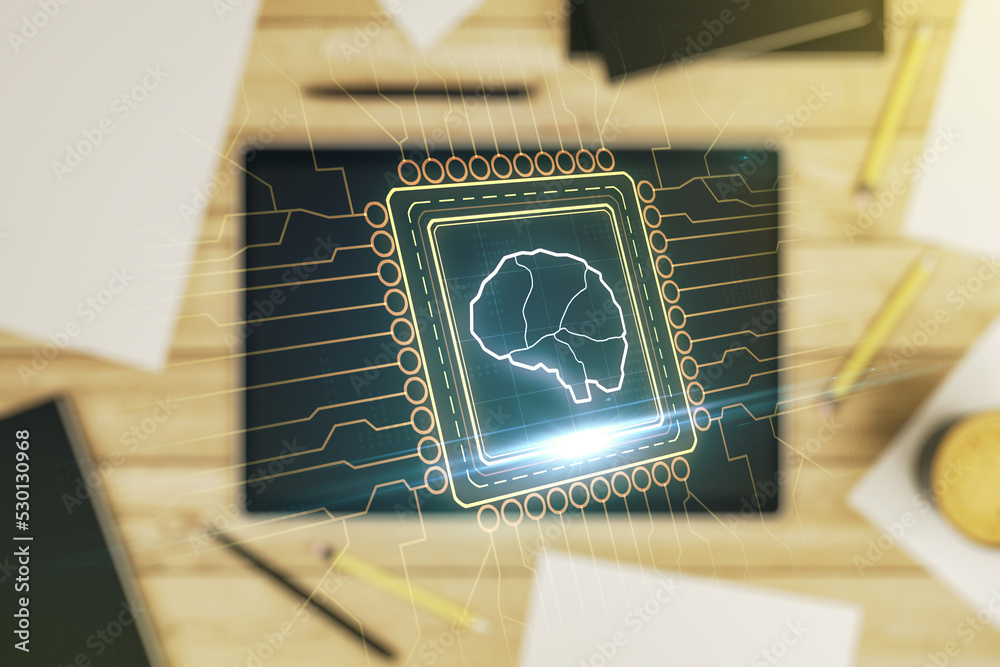 Aufkleber Double exposure of creative human brain microcircuit and modern digital tablet on background. Future technology and AI concept
