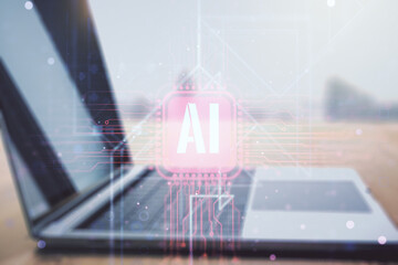 Creative artificial Intelligence symbol concept with modern computer on background. Double exposure