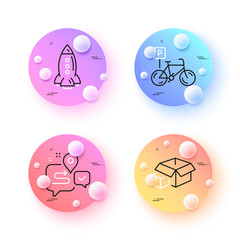 Rocket, Bicycle parking and Packing boxes minimal line icons. 3d spheres or balls buttons. Journey icons. For web, application, printing. Spaceship, Bike park, Delivery package. Trip distance. Vector