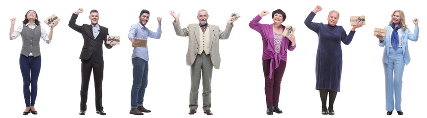 group of happy people with gifts in their hands isolated