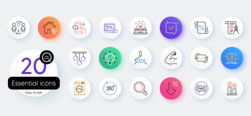 Simple set of Typewriter, Fake news and Low percent line icons. Include Strong arm, Ceiling lamp, Video conference icons. Research, Loan house, Refresh mail web elements. Confirmed. Vector