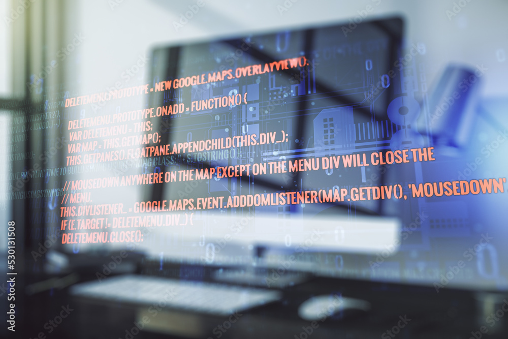 Poster double exposure of abstract creative programming illustration on computer background, big data and b