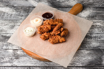 Chicken wings, wings with three sauces on a white wooden background
