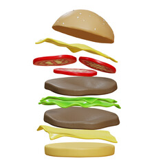 Big burger with different ingredients for burger ads  , isolated background , 3D Rendering illustration