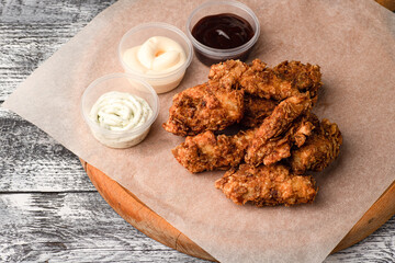 Chicken wings, wings with three sauces on a white wooden background
