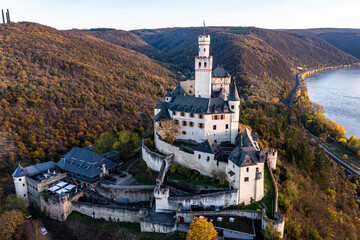 Fototapeta premium Aerial view of the Rhine Valley with the Marksburg Castle, Braubach, UNESCO World Heritage Site, Upper Middle Rhine Valley, Rhineland-Palatinate, Germany