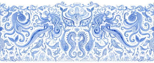 Seamless border pattern of blue watercolor fairy tale sea animals and mermaid isolated on a transparent background