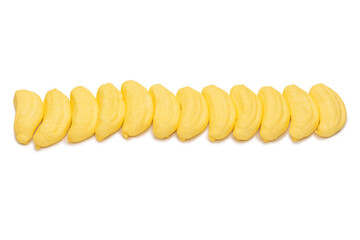 Banana marshmallow candy isolated on a white background.