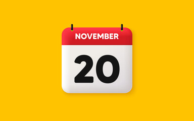 Calendar date 3d icon. 20th day of the month icon. Event schedule date. Meeting appointment time. Agenda plan, November month schedule 3d calendar and Time planner. 20th day day reminder. Vector