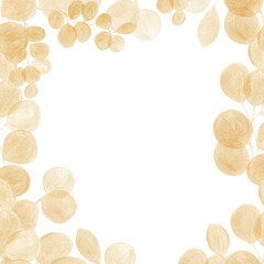 Watercolor frame with golden leaves and eucalyptus branches. Ideal for wedding stationery, congratulations, wallpaper, fashion, background. Eucalyptus, golden leaves