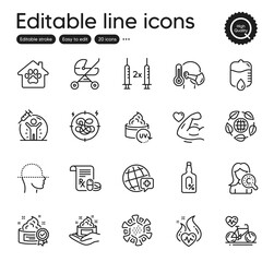 Set of Healthcare outline icons. Contains icons as Medical prescription, Skin care and Drop counter elements. Eco organic, World medicine, Cardio training web signs. Coronavirus. Vector
