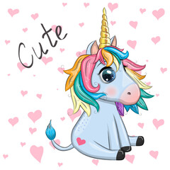Naklejka premium Blue unicorn pony sitting. Cute baby card, baby with big eyes