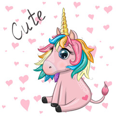 Obraz na płótnie Canvas Pink unicorn pony sitting. Cute baby card, baby girl with big eyes