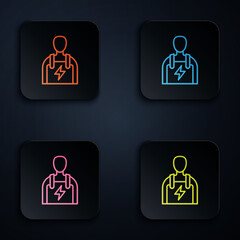 Color neon line Car mechanic icon isolated on black background. Car repair and service. Set icons in square buttons. Vector