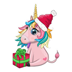 Cute cartoon unicorn in santa hat with gift, christmas ball, candy kane. New Year and Christmas holiday