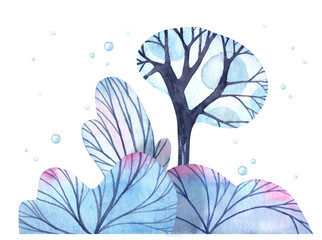 Winter forest landscape. Cute trees and bushes. Horizontal banner. Watercolor detailed illustration for greeting cards