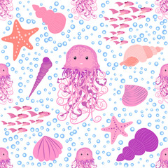 Seamless pattern with detailed transparent jellyfish. Childish seamless pattern with cute hand drawn fishes and jellyfishes in doodle style. Trendy nursery background