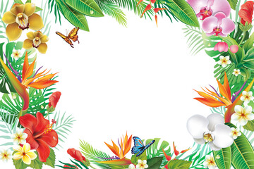 Frame with tropical plants and flowers - obrazy, fototapety, plakaty