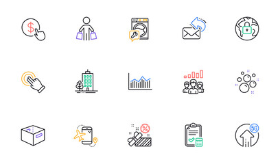 Lock, Touchscreen gesture and 5g upload line icons for website, printing. Collection of Skyscraper buildings, Washing machine, Buyer icons. Office box, Sale, Clean bubbles web elements. Vector