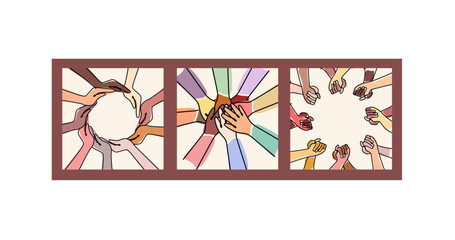 The concept of Inclusion, Diversity and Equity. Multiethnic hands form a circle and hold each other