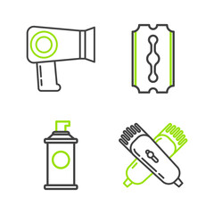 Set line Crossed electrical hair clipper or shaver, Shaving gel foam, Blade razor and Hair dryer icon. Vector