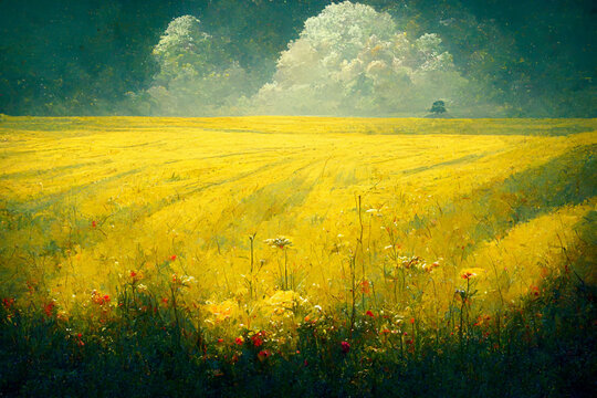An illustrated yellow background showing a natural scene of flowers and fields