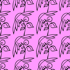 seamless floral pattern of black contour flowers on a pink background, texture, repeat pattern, design