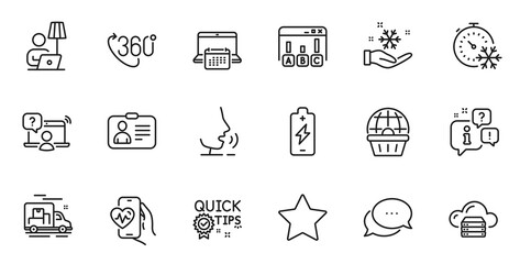 Outline set of Freezing timer, Survey results and 360 degree line icons for web application. Talk, information, delivery truck outline icon. Vector