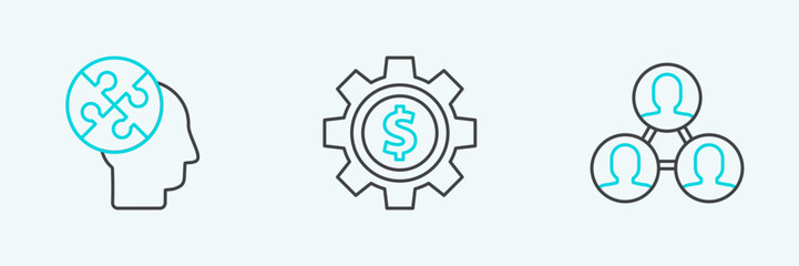 Set line Project team base, Human head puzzles strategy and Gear with dollar symbol icon. Vector
