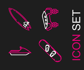 Set line Snowboard, Jet ski, Knee pads and Surfboard icon. Vector