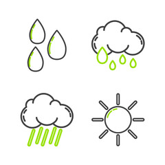 Set line Sun, Cloud with rain, and Water drop icon. Vector