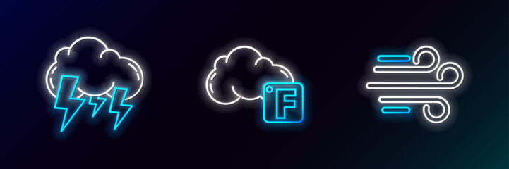 Set line Wind, Storm and Fahrenheit and cloud icon. Glowing neon. Vector
