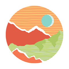Illustration of mountain range in round banner, full moon over mountain pick