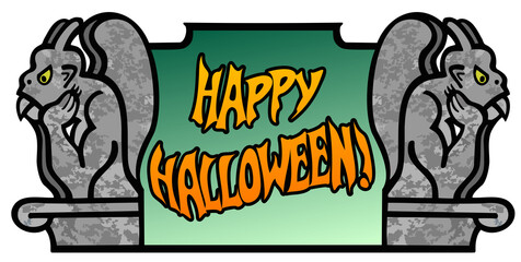 banner or border with two stone gargoyles, for Halloween
