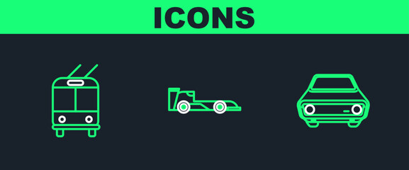 Set line Car, Trolleybus and Formula race car icon. Vector