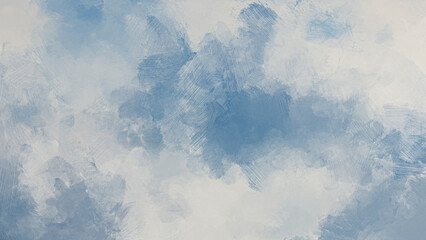 Abstract light blue and grayish oil painting background with brush strokes imitating clouds in the sky. Full frame digital oil painting on canvas, 4k resolution. Painting done by me.
