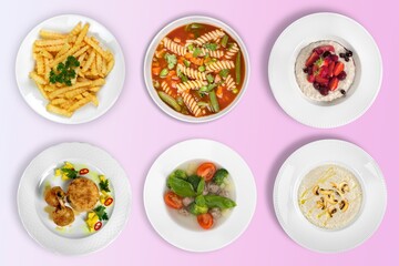 Food concept with a set of different tasty dishes