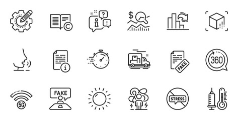 Fototapeta na wymiar Outline set of Check investment, Fake news and Sunny weather line icons for web application. Talk, information, delivery truck outline icon. Include Timer, Thermometer, Manual icons. Vector