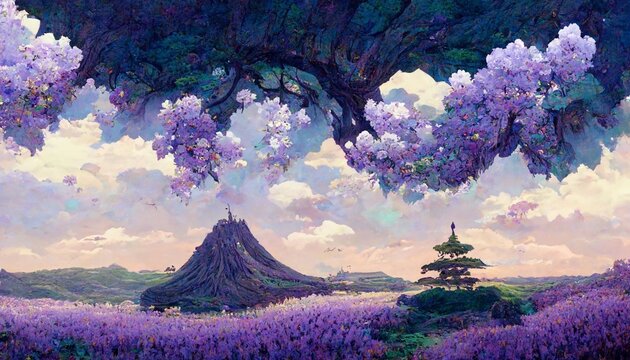 purple wisteria flower tree lush landscape mountain, breath of the wild style.
