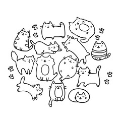 Cats pose hand drawn doodle collection.