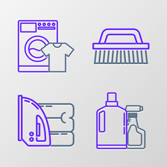 Set line Plastic bottles for liquid dishwashing liquid, Electric iron and towel, Brush cleaning and Washer t-shirt icon. Vector