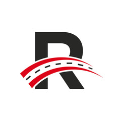 Initial Transport Logo On R Letter Concept. Minimal R Letter Road Logo Design Template