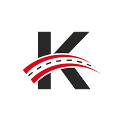 Initial Transport Logo On K Letter Concept. Minimal K Letter Road Logo Design Template