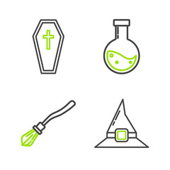 Set line Witch hat, Witches broom, Bottle with potion and Coffin christian cross icon. Vector