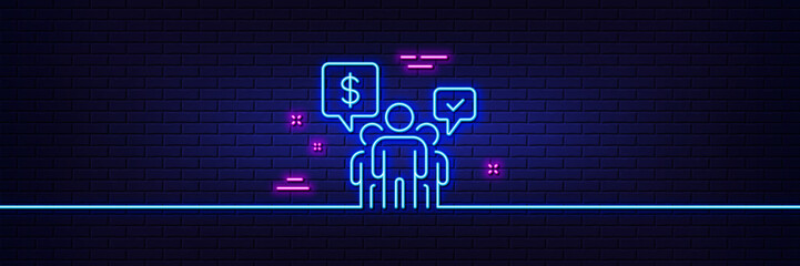 Neon light glow effect. Teamwork line icon. Employees chat sign. Core value symbol. 3d line neon glow icon. Brick wall banner. Teamwork outline. Vector