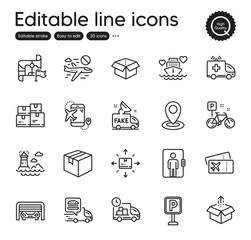 Set of Transportation outline icons. Contains icons as Parking garage, Bike and Wholesale inventory elements. Open box, Lighthouse, Honeymoon cruise web signs. Flight destination. Vector